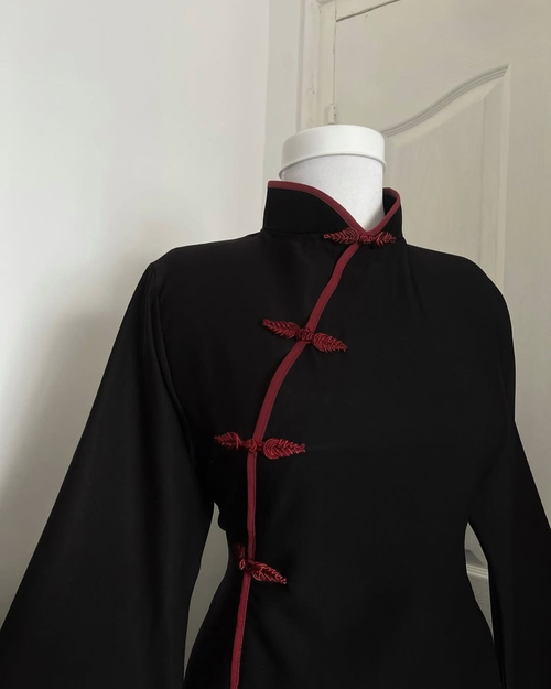 Black Majesty Chinese-Style Long-Sleeve Dress